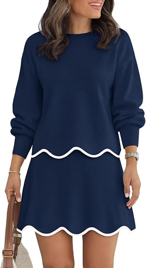 Womens 2 Piece Skirt Sets Fall Knit Sweaters and Mini Skirt Casual Outfits | Long Sleeve, Crewneck Tops, High Waisted, Scalloped Mini Skirt, Color Block, Soft Comfy, Fashion Outfits