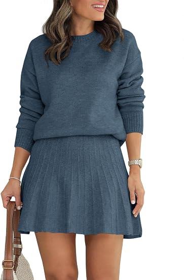 Womens 2 Piece Skirt Sets Pullover Sweaters Pleated Mini Skirt Fall Winter Knit Trendy Sweater Sets