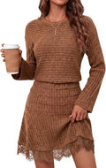 Womens Sweater Mini Dress Fall Long Sleeve Ribbed Knit Dresses | Long Sleeve, Ribbed Knit, Crewneck, Lace Hem, Loose, Autumn, Winter, Knitted Dress