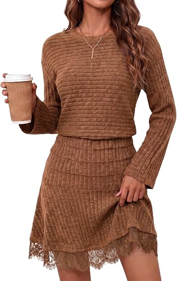 Womens Sweater Mini Dress Fall Long Sleeve Ribbed Knit Dresses | Long Sleeve, Ribbed Knit, Crewneck, Lace Hem, Loose, Autumn, Winter, Knitted Dress