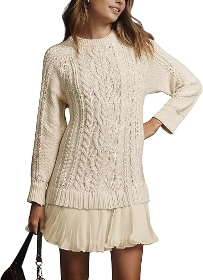 Women Cable Knit Sweater Dress Crewneck Long Sleeve Pleated Mini Dress Twofer Style Patchwork Dress